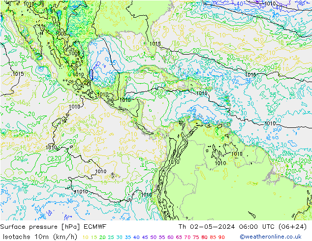 Izotacha (km/godz) ECMWF czw. 02.05.2024 06 UTC