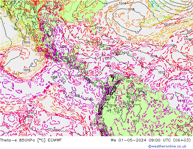 Theta-e 850hPa ECMWF We 01.05.2024 09 UTC