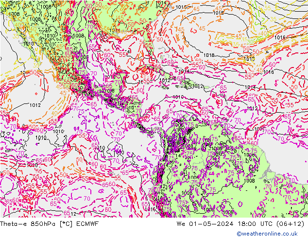 Theta-e 850hPa ECMWF We 01.05.2024 18 UTC