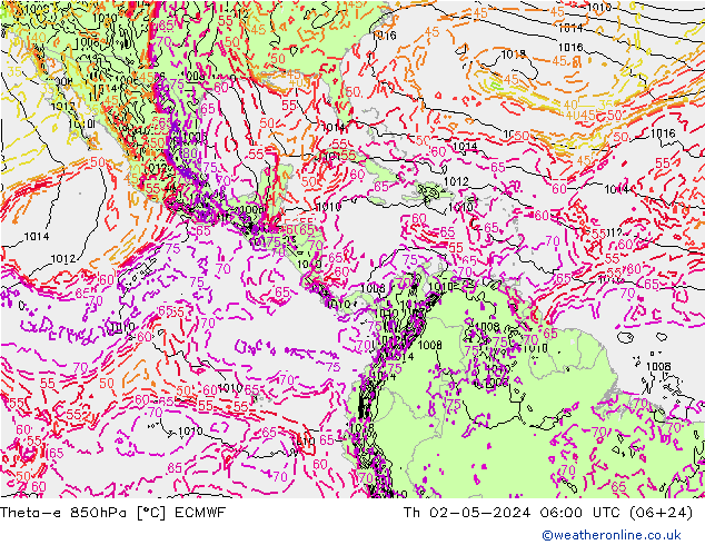 Theta-e 850hPa ECMWF Th 02.05.2024 06 UTC