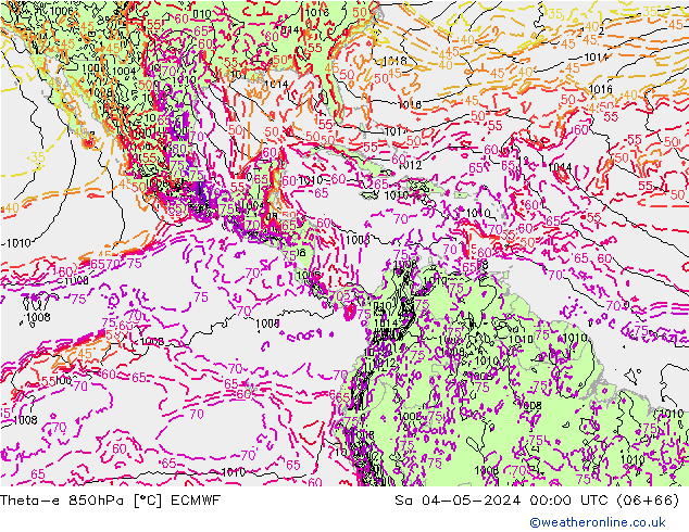 Theta-e 850hPa ECMWF sam 04.05.2024 00 UTC