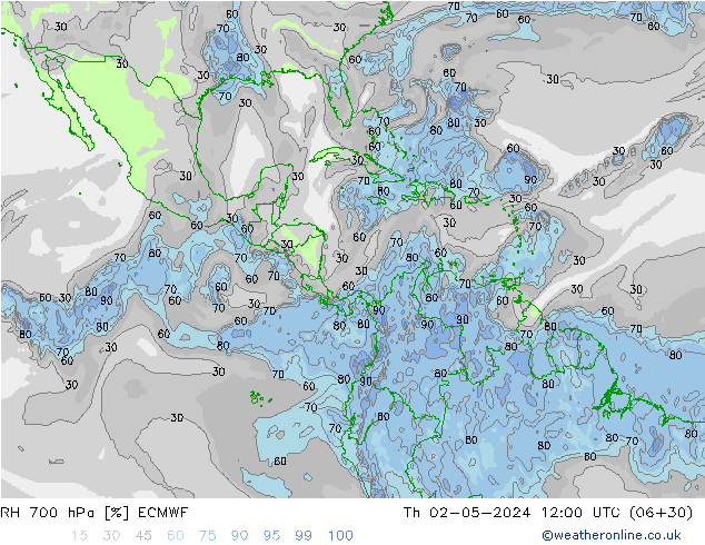 Humedad rel. 700hPa ECMWF jue 02.05.2024 12 UTC