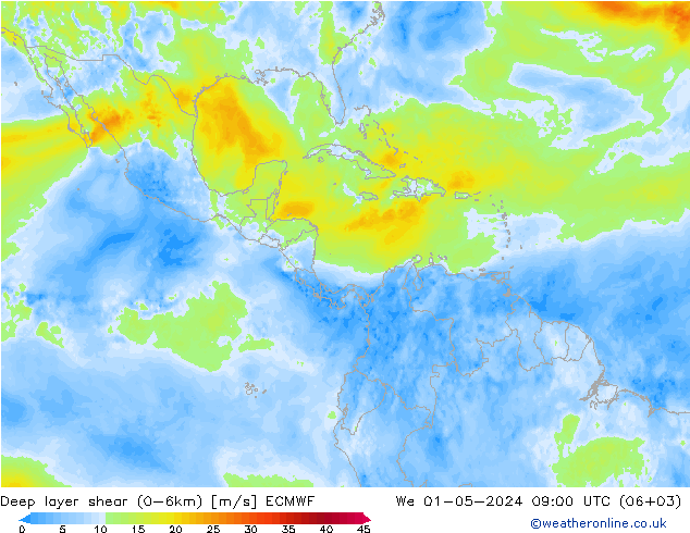 Deep layer shear (0-6km) ECMWF We 01.05.2024 09 UTC