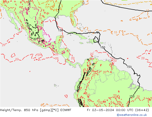 Hoogte/Temp. 850 hPa ECMWF vr 03.05.2024 00 UTC