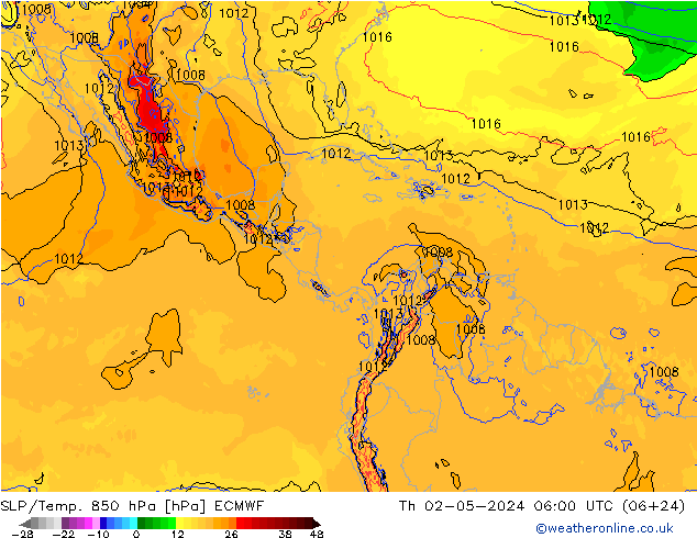 SLP/Temp. 850 hPa ECMWF Th 02.05.2024 06 UTC