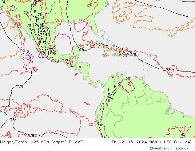 Height/Temp. 925 hPa ECMWF Th 02.05.2024 06 UTC