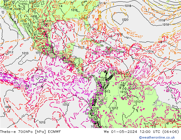 Theta-e 700гПа ECMWF ср 01.05.2024 12 UTC