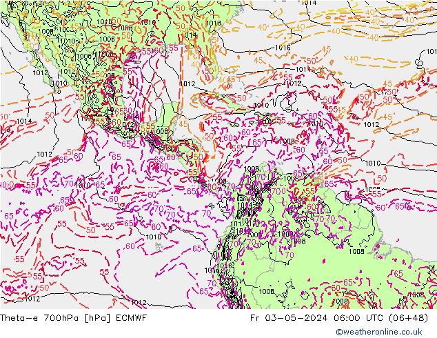 Theta-e 700hPa ECMWF ven 03.05.2024 06 UTC