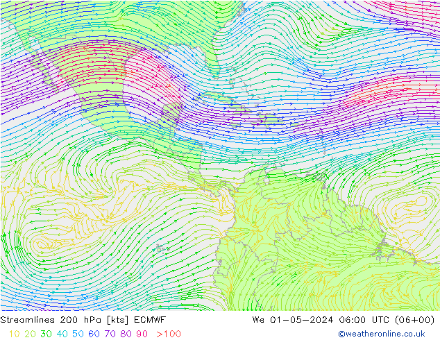 Linea di flusso 200 hPa ECMWF mer 01.05.2024 06 UTC