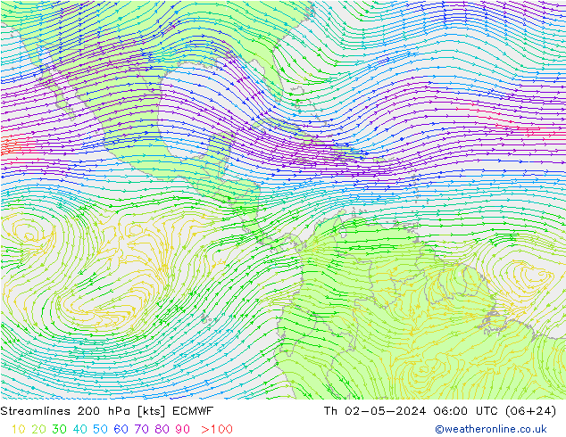 Streamlines 200 hPa ECMWF Th 02.05.2024 06 UTC