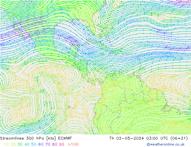 Streamlines 300 hPa ECMWF Th 02.05.2024 03 UTC