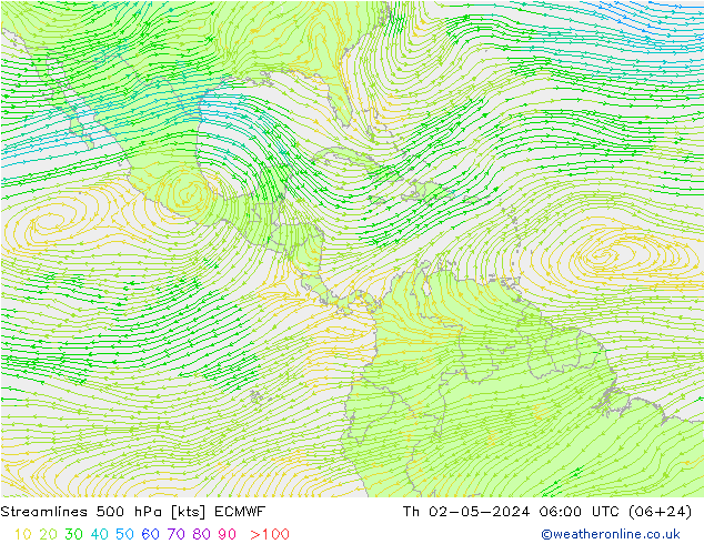 Streamlines 500 hPa ECMWF Čt 02.05.2024 06 UTC