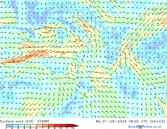 Surface wind (bft) ECMWF We 01.05.2024 09 UTC