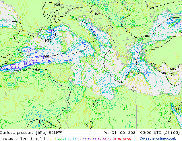 Isotachs (kph) ECMWF We 01.05.2024 09 UTC