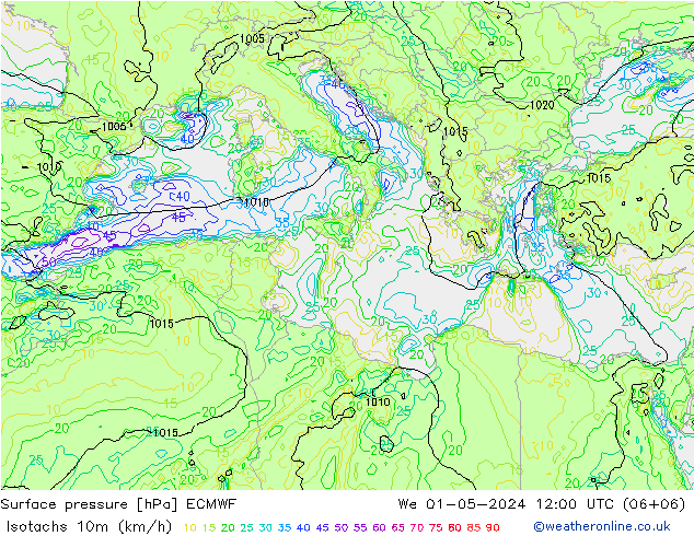 Isotachs (kph) ECMWF Qua 01.05.2024 12 UTC