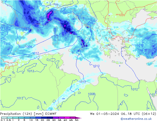 Precipitation (12h) ECMWF We 01.05.2024 18 UTC