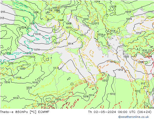 Theta-e 850hPa ECMWF Th 02.05.2024 06 UTC