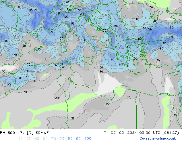 RH 850 гПа ECMWF чт 02.05.2024 09 UTC