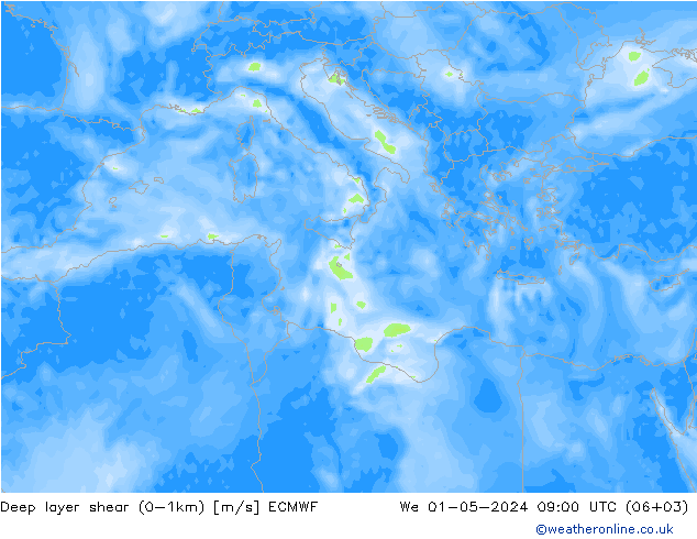 Deep layer shear (0-1km) ECMWF We 01.05.2024 09 UTC