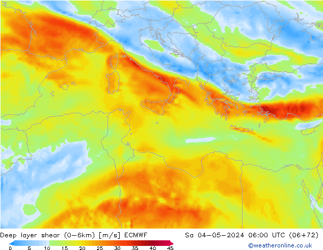 Deep layer shear (0-6km) ECMWF So 04.05.2024 06 UTC