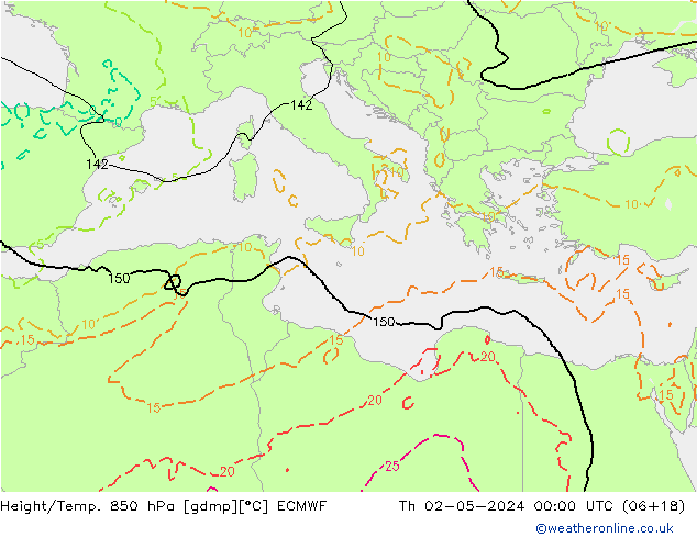 Height/Temp. 850 hPa ECMWF Čt 02.05.2024 00 UTC