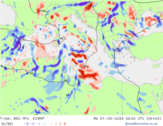 T-Adv. 850 hPa ECMWF We 01.05.2024 06 UTC