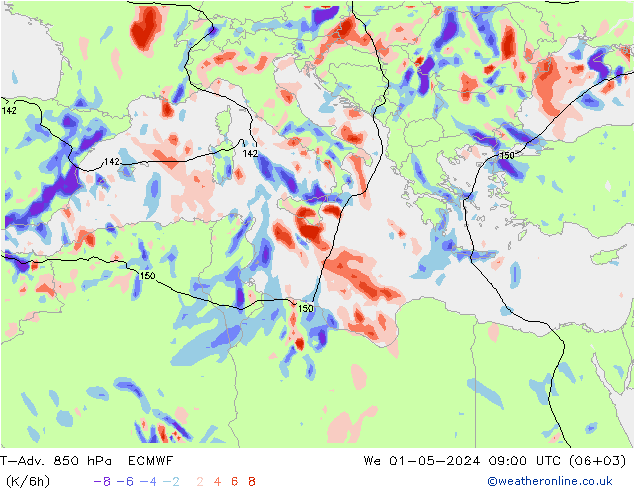 T-Adv. 850 hPa ECMWF We 01.05.2024 09 UTC