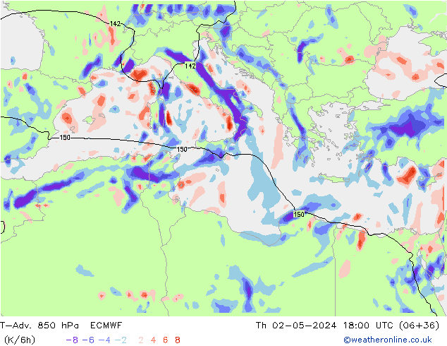 T-Adv. 850 hPa ECMWF do 02.05.2024 18 UTC