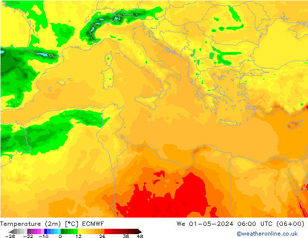 Temperatura (2m) ECMWF mer 01.05.2024 06 UTC