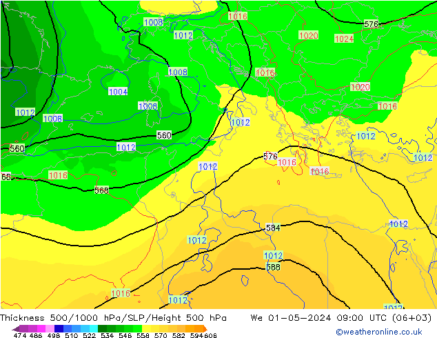 Espesor 500-1000 hPa ECMWF mié 01.05.2024 09 UTC