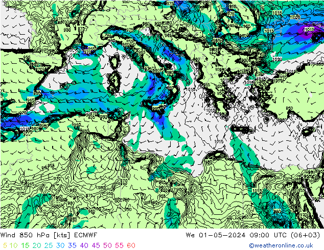 Wind 850 hPa ECMWF We 01.05.2024 09 UTC