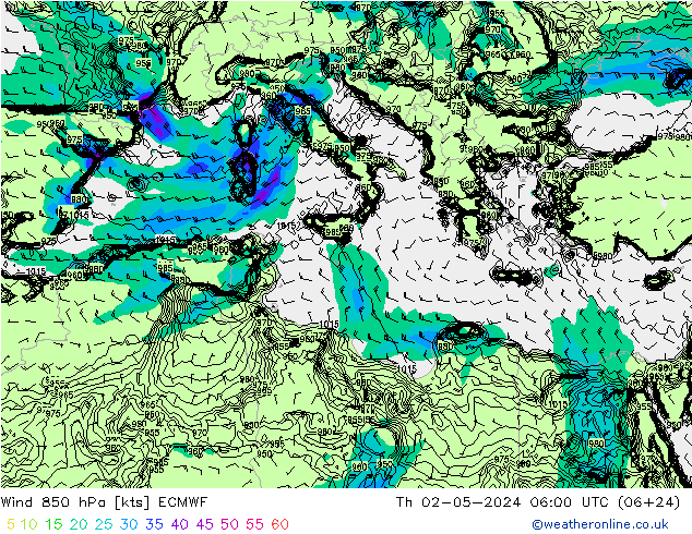 Wind 850 hPa ECMWF Th 02.05.2024 06 UTC