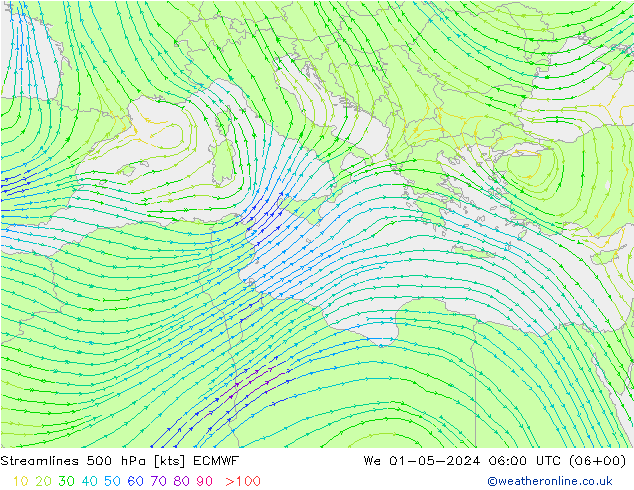 Línea de corriente 500 hPa ECMWF mié 01.05.2024 06 UTC