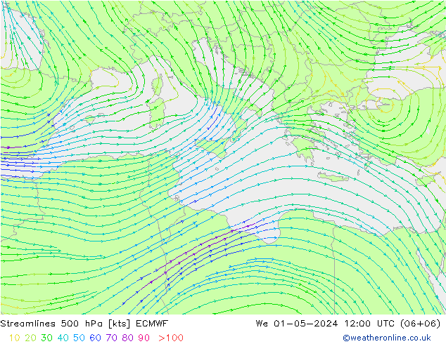 Stromlinien 500 hPa ECMWF Mi 01.05.2024 12 UTC