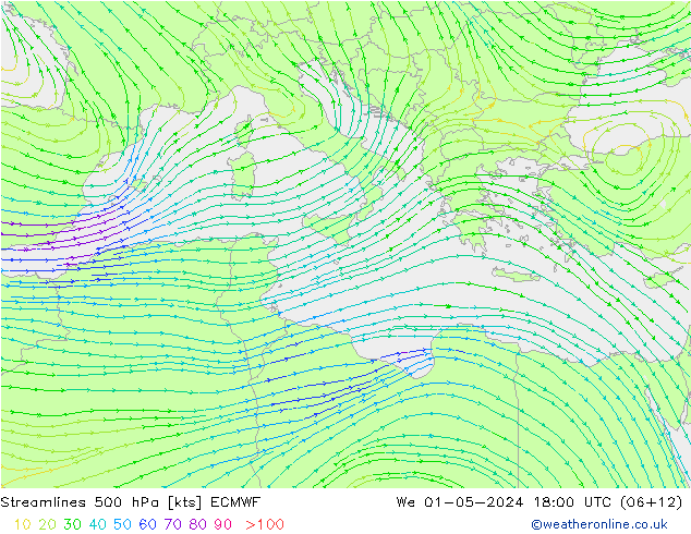 Linha de corrente 500 hPa ECMWF Qua 01.05.2024 18 UTC