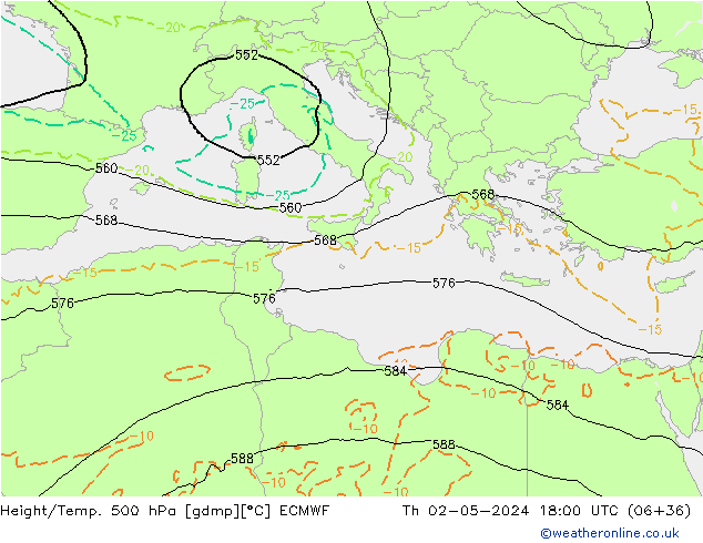 Height/Temp. 500 hPa ECMWF Qui 02.05.2024 18 UTC