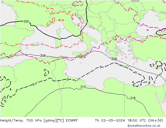 Height/Temp. 700 hPa ECMWF Čt 02.05.2024 18 UTC