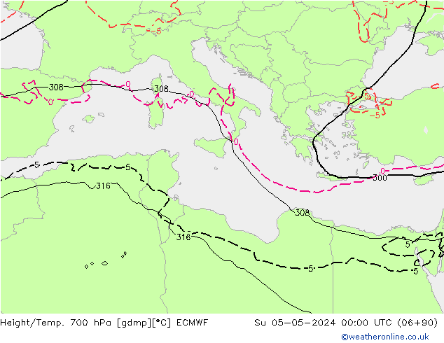 Geop./Temp. 700 hPa ECMWF dom 05.05.2024 00 UTC