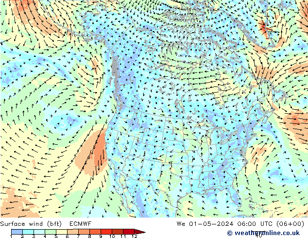 Surface wind (bft) ECMWF We 01.05.2024 06 UTC