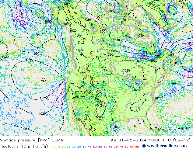 Isotachen (km/h) ECMWF Mi 01.05.2024 18 UTC