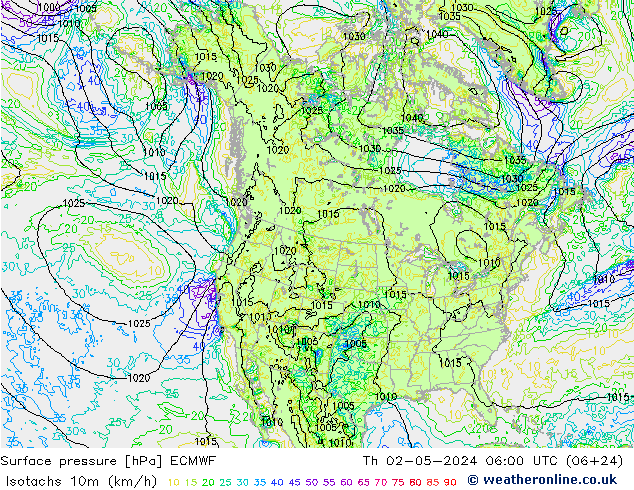 Isotachs (kph) ECMWF Čt 02.05.2024 06 UTC