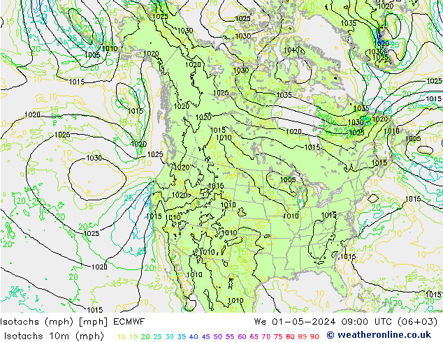 Isotaca (mph) ECMWF mié 01.05.2024 09 UTC