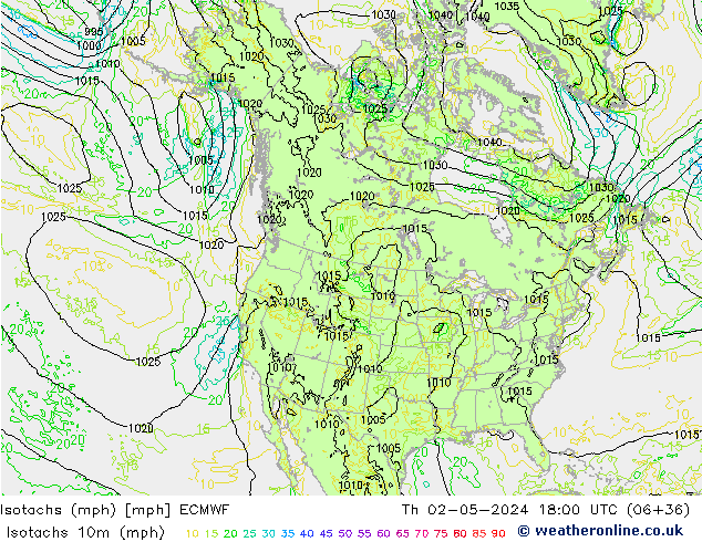 Isotachs (mph) ECMWF Čt 02.05.2024 18 UTC