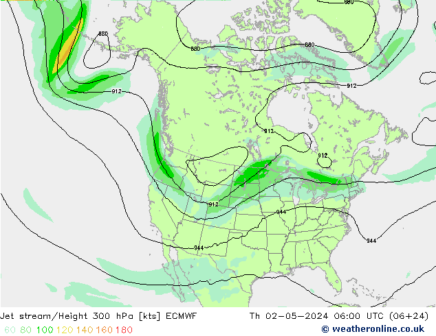 Jet stream/Height 300 hPa ECMWF Čt 02.05.2024 06 UTC