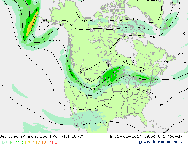 Jet stream/Height 300 hPa ECMWF Čt 02.05.2024 09 UTC