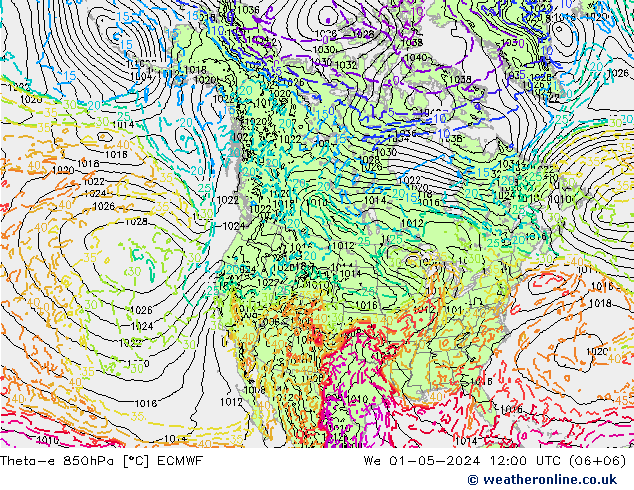 Theta-e 850hPa ECMWF Mi 01.05.2024 12 UTC