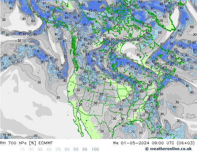 RH 700 hPa ECMWF Qua 01.05.2024 09 UTC