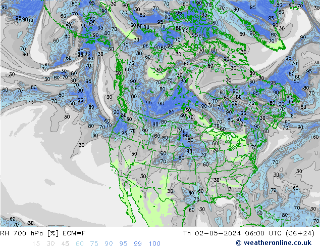 RH 700 hPa ECMWF Čt 02.05.2024 06 UTC