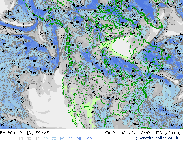 RH 850 hPa ECMWF Qua 01.05.2024 06 UTC