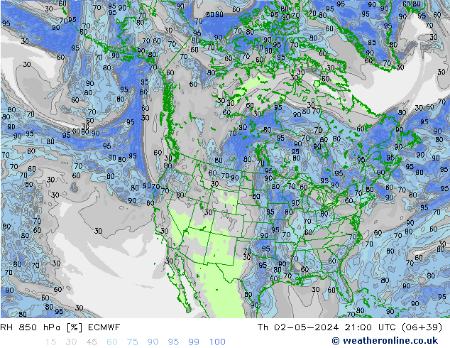 RH 850 hPa ECMWF gio 02.05.2024 21 UTC